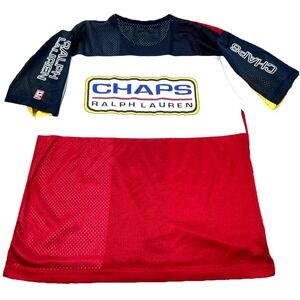 Vintage Ralph Lauren Chaps Shirt Men Medium Red White Blue Jersey Tee Flag‎ Y2K